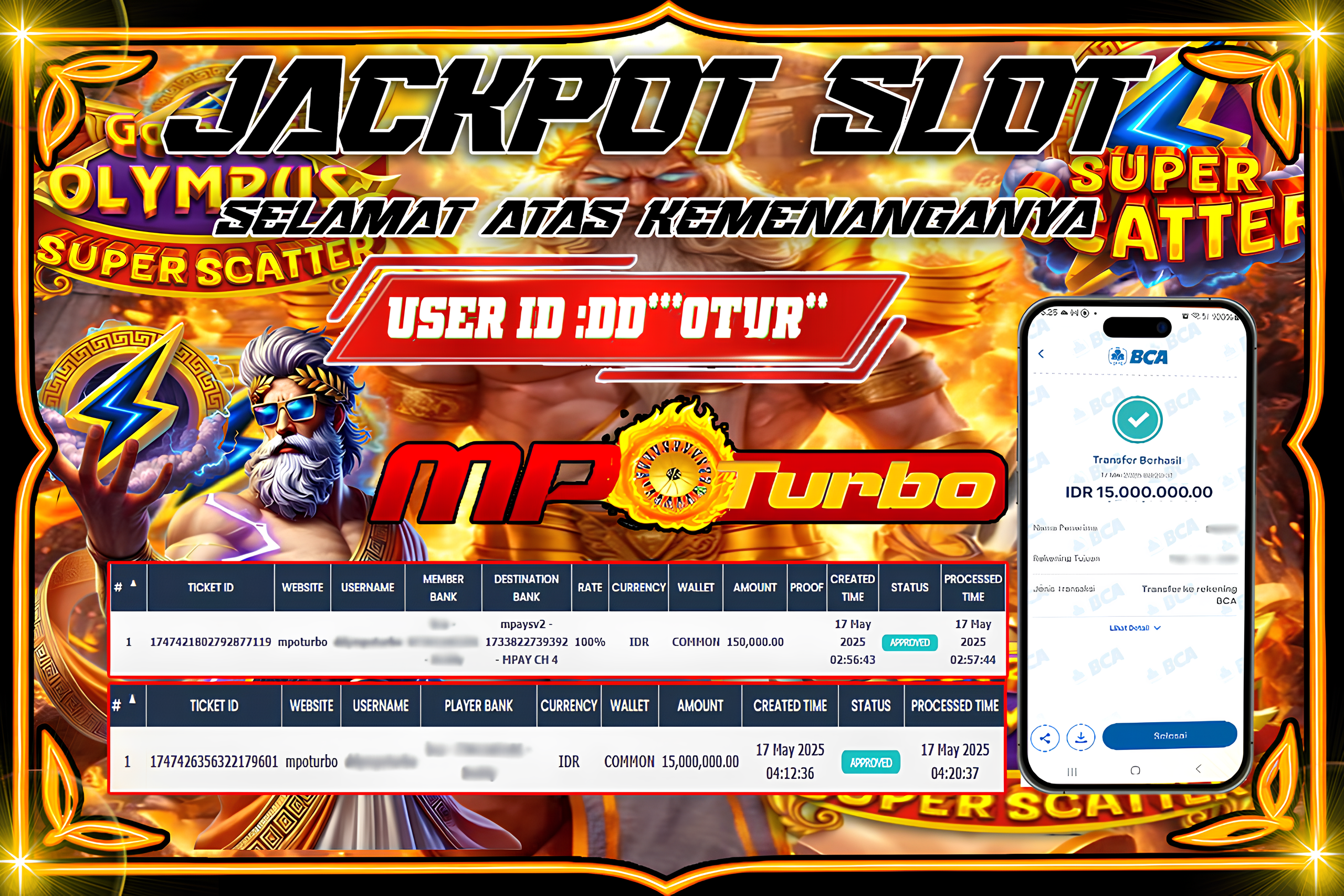 MPOTURBO JACKPOT SLOT GATES OF OLYMPUS SUPER SCATTER - PRAGMATIC PLAY Rp 15,000,000.00,- LUNAS