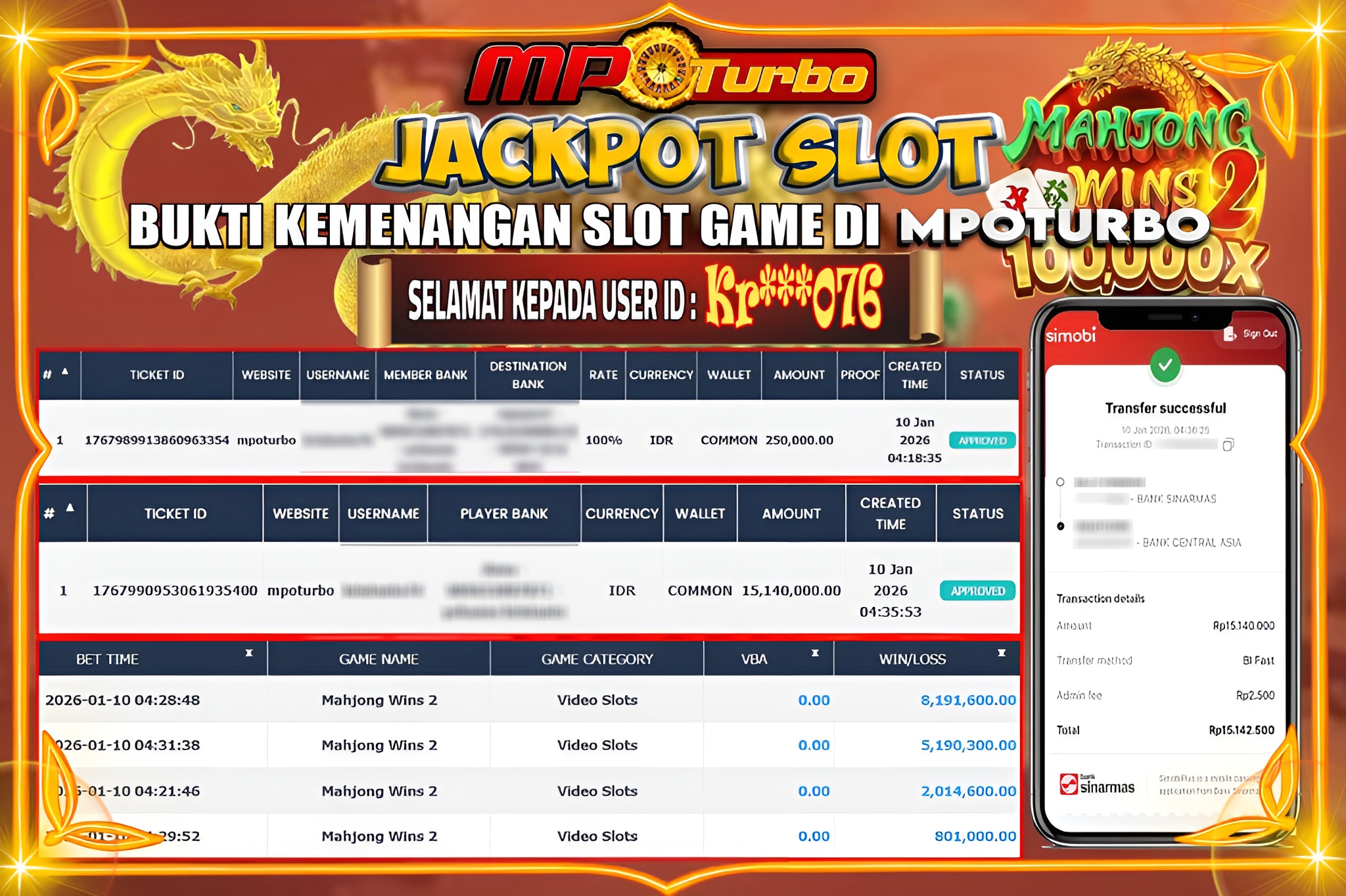 MPOTURBO JACKPOT MAHJONG WINS 2 Rp 15,140,000.00,- LUNAS