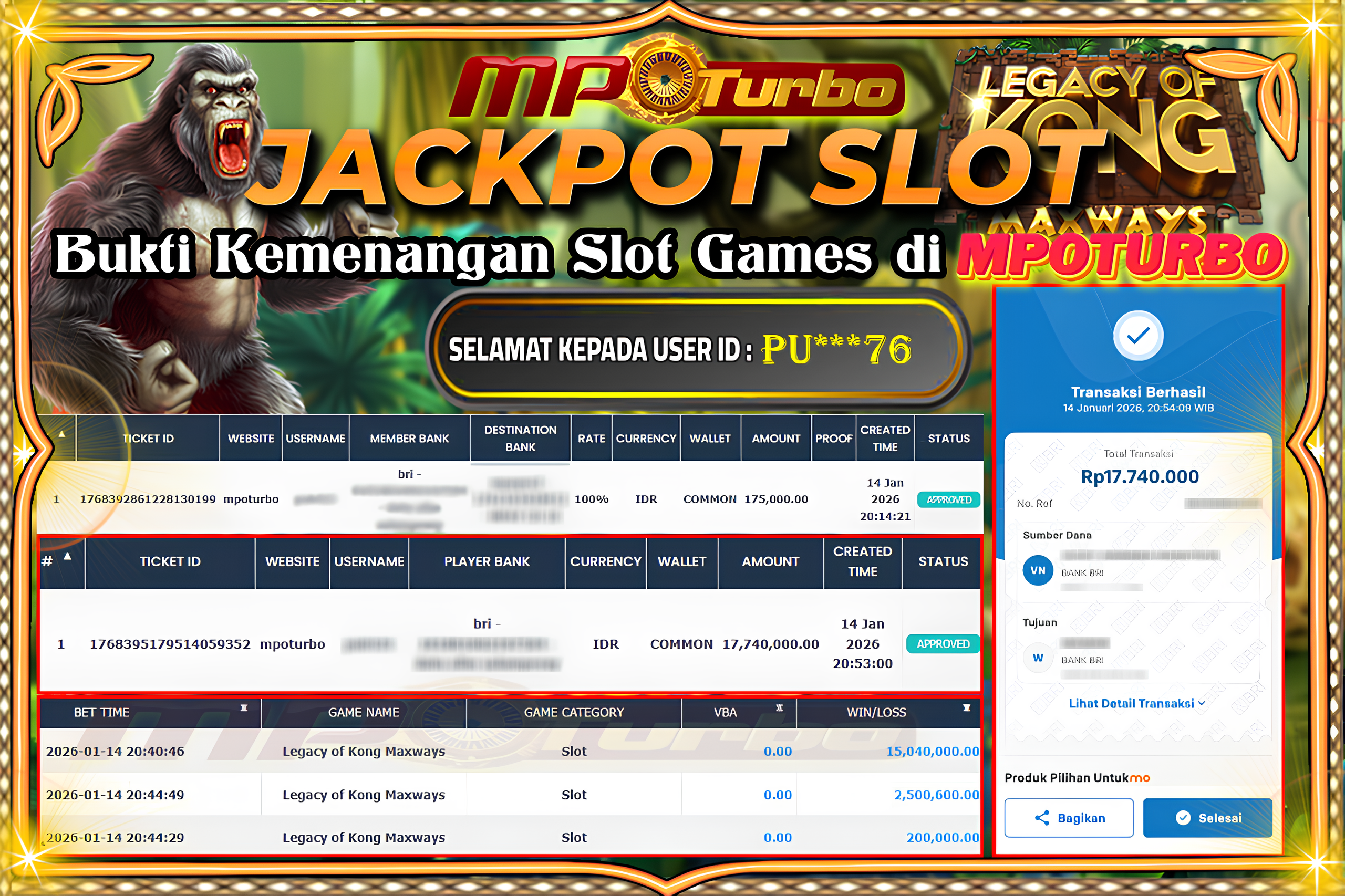MPOTURBO JACKPOT LEGACY OF KONG MAXWAYS Rp 17,740,000.00,- LUNAS
