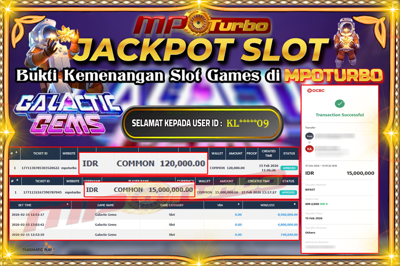 MPOTURBO JACKPOT Galactic Gems Rp 15,000,000.00,- LUNAS