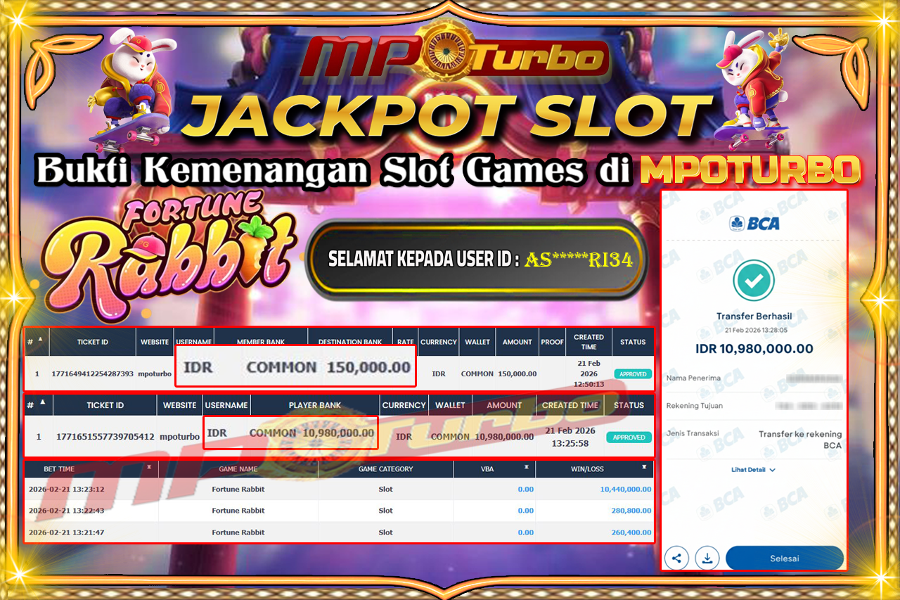 MPOTURBO JACKPOT FORTUNE RABBIT Rp 10,980,000.00,- LUNAS